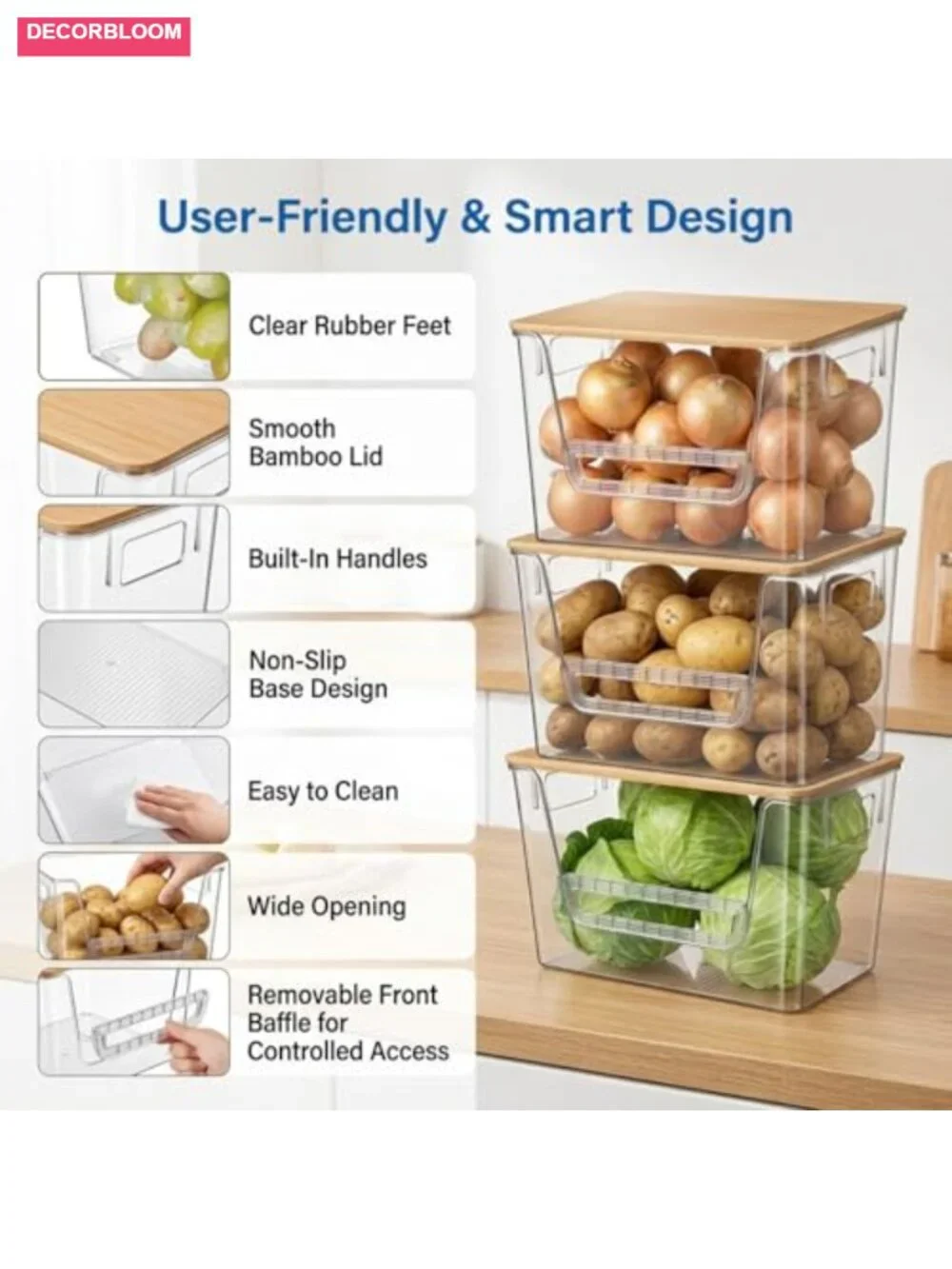 3 Set Pantry Organizers Storage Bamboo Lids Stackable Clear Plastic Bins